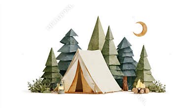 Watercolor Camping Scene with Tent Campfire and Pine Trees on White