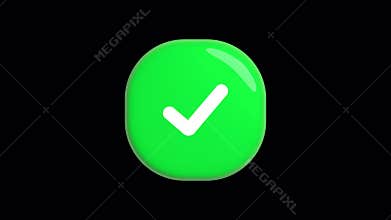 Volumetric animated green approval badge on transparent alpha channel