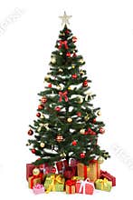 Decorated christmas tree with gifts on white