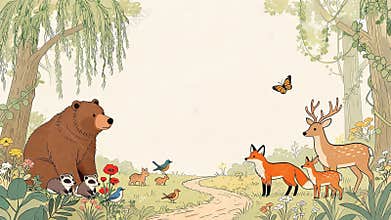 Friendly Forest Animals Gathering on a Meadow Path