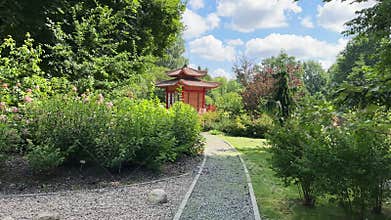 Scenic Japanese garden path leads past green shrubs toward red