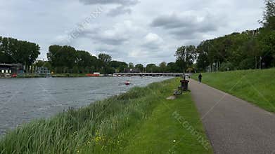 Rowing on Bosbaan in Amsterdam, Netherlands. Rowers Training on Lake