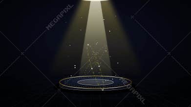 Volumetric spotlight sweeping over luxury gold product pedestal