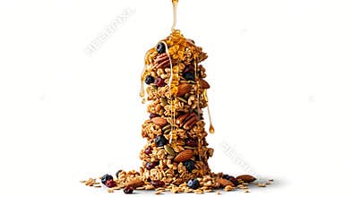 A stacked tower of crunchy toasted granola with mixed healthy nuts and dried berries drizzled with golden sweet maple syrup