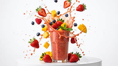Refreshing fruit smoothie splashing in a tall glass with fresh strawberries mangoes and blueberries for healthy summer food