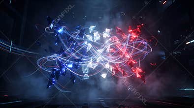 Glowing red and blue geometric particles orbit in a dark space filled with chaotic energy strands and swirling cosmic fog