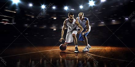 Two basketball players in action