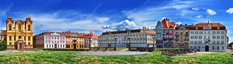 Panoramic view with historical buildings in Union square.Timisoara, Romania