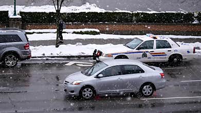 Police lights flashing and stopping on road