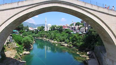 Flying away from bridge in Mostar, Bosnia and Herzegovina