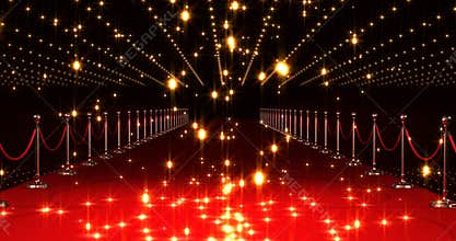 Golden confetti falling on red carpet against black background