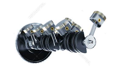 Seamless V8 motor with working pistons and crankshafts. Concept of automobile engine isolated on white background.