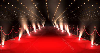 Long red carpet with spotlights against red background