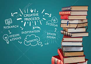 Pile of books with white design doodles against teal background