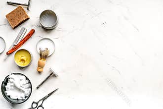 Barbershop for men with tools on white background top view mock up