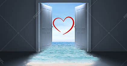 Open door to sea with heart shape