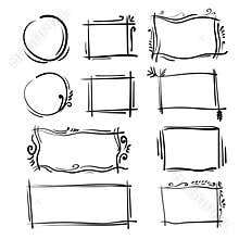 Hand drawn frames set. Cartoon vector square and round borders. Pencil effect shapes