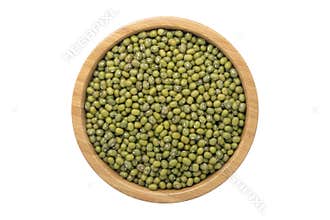 Top view of mung bean in wooden bowl isolated
