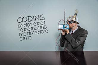 Coding text with vintage businessman