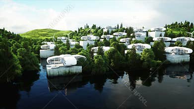 Futuristic city, village. The concept of the future. Aerial view. Realistic 4k animation.