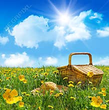 Summer picnic basket with straw hat in a field
