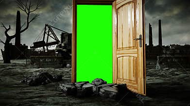Flight through an open door. Portal through ecological catastrophe, apocalypse. Green screen. Realistic 4k animation.