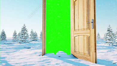 Flight through an open door. Portal through winter landscape. Green screen. Realistic 4k animation.