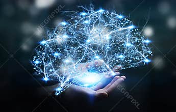 Businesswoman holding digital x-ray human brain in her hand 3D r