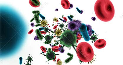 Digitally generated virus cells, red blood cells and bacteria against white background