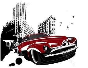 Grunge retro classic car building city