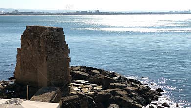 Ruins of ancient city of Akko or Acre facing the Mediterranean Sea