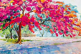 Watercolor landscape painting pink, orange color of peacock flowers.