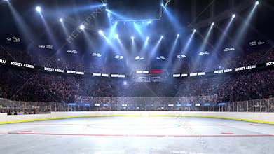 Hockey court with people fan. Sport arena. Ready to start championship. 3d render. Moving lights