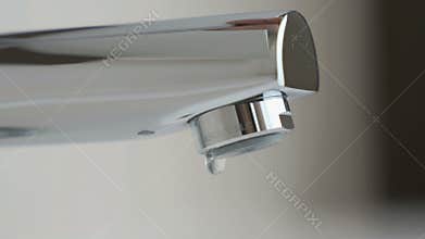 Water dripping from chrome-plated faucet
