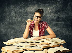Student Studying Books, Young University Woman Read Many Book over Blackboard