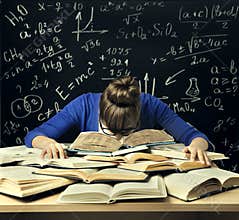 Student Hard Study, Tired Bored Woman Read Books over Blackboard