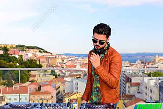 Music DJ, Sound Equipment, Lisbon Cityscape Background
