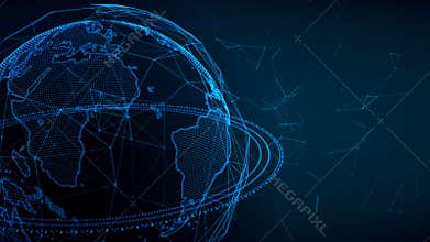 Earth globe rotating with plexus. Global digital connections. Network and exchange of data on the planet Earth.