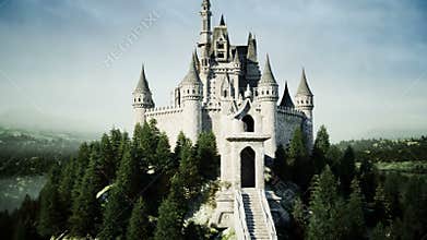 Old fairytale castle on the hill. aerial view. Realistic 4k animation.