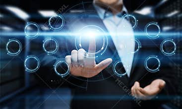 Businessman pressing button. Man pointing on futuristic interface. Innovation technology internet and business concept.