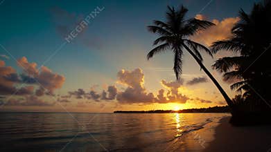 Sunrise over tropical island beach and palm trees Punta Cana Dominican Republic