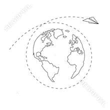 Paper airplane around the globe. America, Europe, Atlantic Ocean