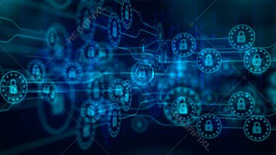 4K animation Security lock with loading connection line for futuristic cyber technology network safety and protection concept, wit