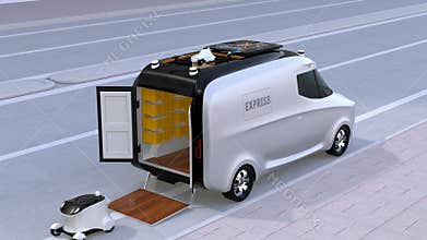 Delivery van releasing self-driving robots and drone