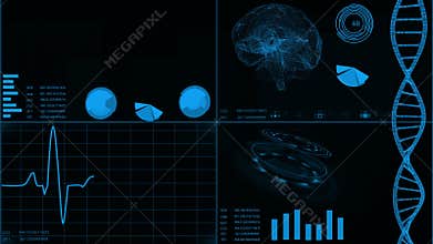 Futuristic user interface with heart scan and electrocardiogram illustrations, brain scan, DNA. Abstract virtual