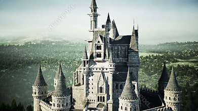 Old fairytale castle on the hill. aerial view. Realistic 4k animation.