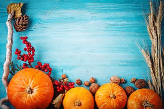 The table, decorated with vegetables and fruits. Harvest Festival, Happy Thanksgiving.