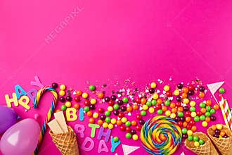 Tasty appetizing Party Accessories on Bright Pink Background