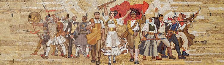 Mosaic above the National History Museum featuring Socialist propaganda and heroic revolutionary, Tirana