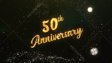 50th Anniversary Greeting Text Made from Sparklers Light Dark Night Sky With Colorfull Firework.